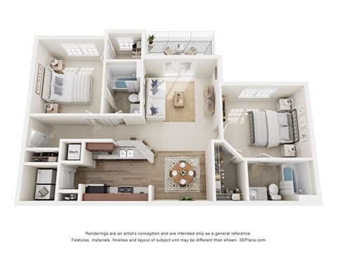 Floor plan for 2 beds, 2 baths, 1003 sqft